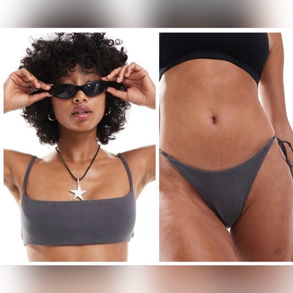 WEEKDAY Towelling Bryon Bikini Top And River Towel Bikini Bottom Dark Grey.S NWT - Picture 1 of 16